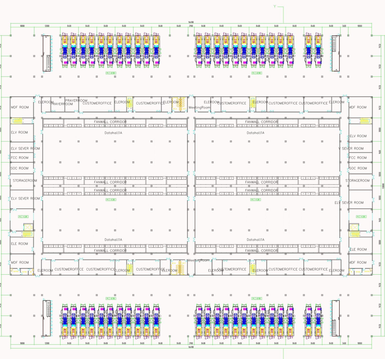 Preliminary architectural roof plan of a data centre with room names and grid dimensions