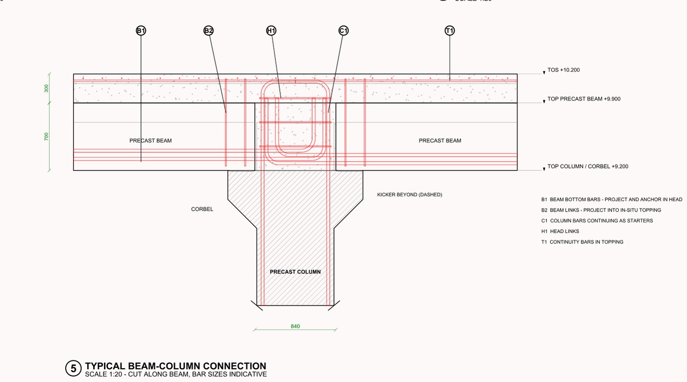 Typical beam to column connection detail, showing corbel, in-situ head and reinforcement