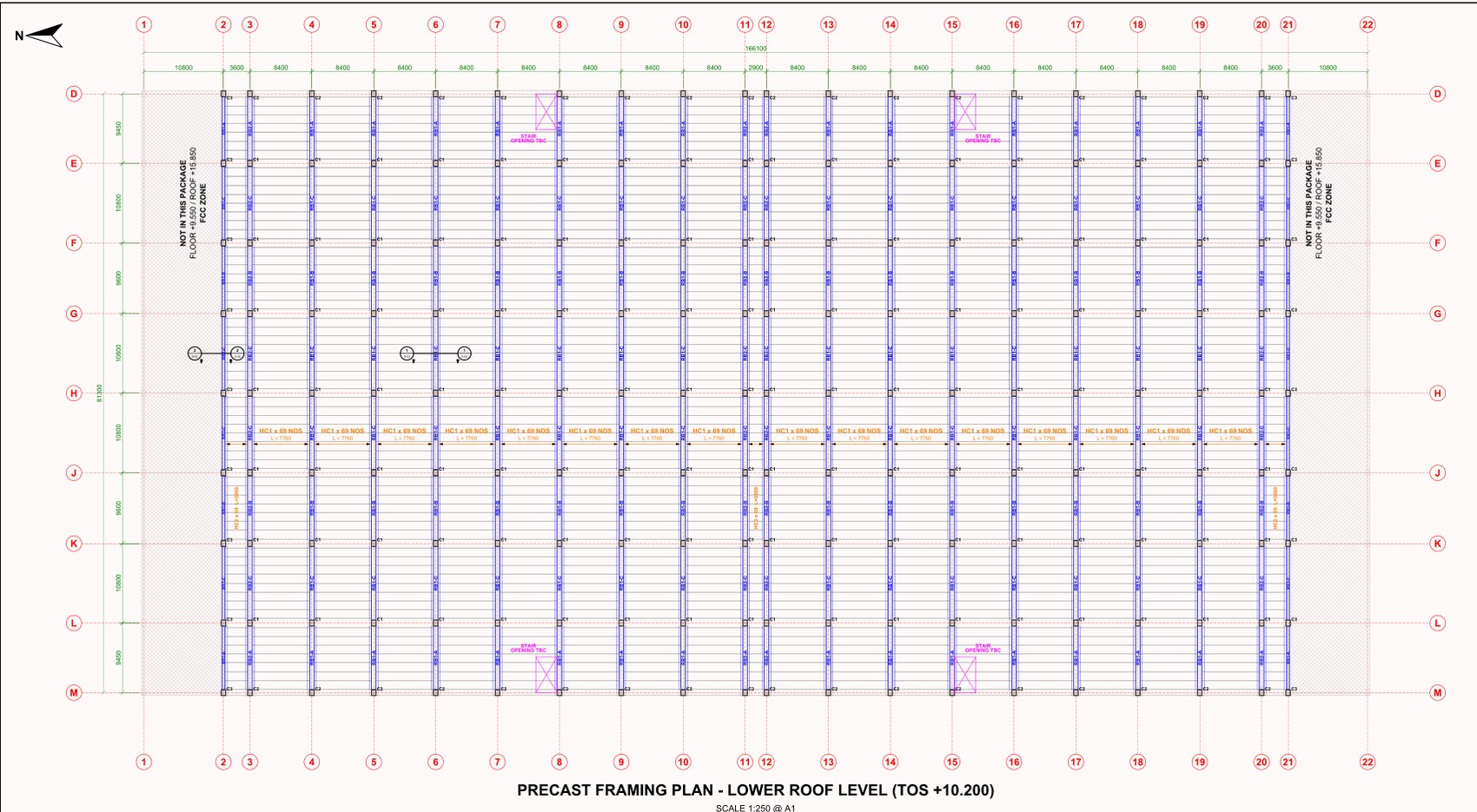 Precast framing plan showing columns, beams and the precast slab system on a numbered grid