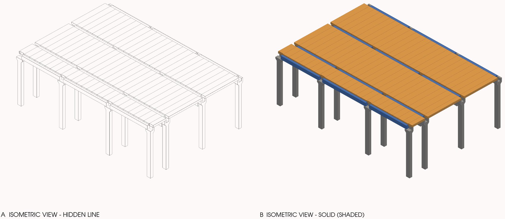 Two isometric views of a typical precast bay, one hidden line and one shaded