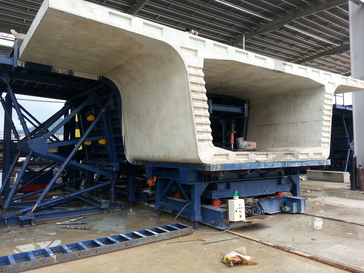 A segmental box girder segment in the match-casting cell