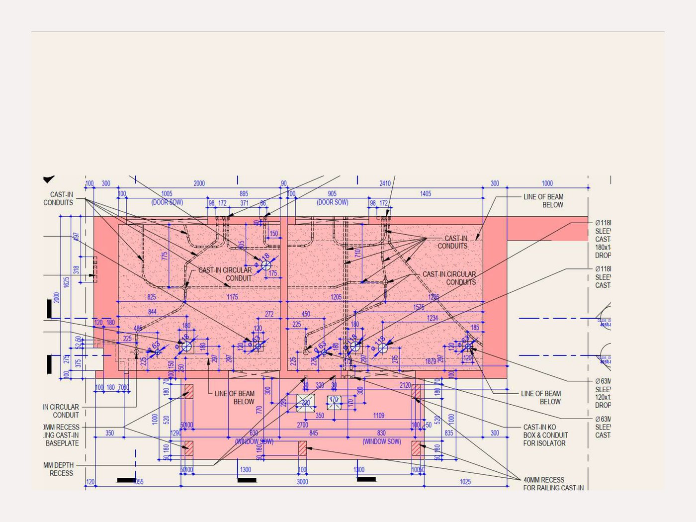 Layout drawing showing cast-in conduits and circular sleeves in a PBU panel