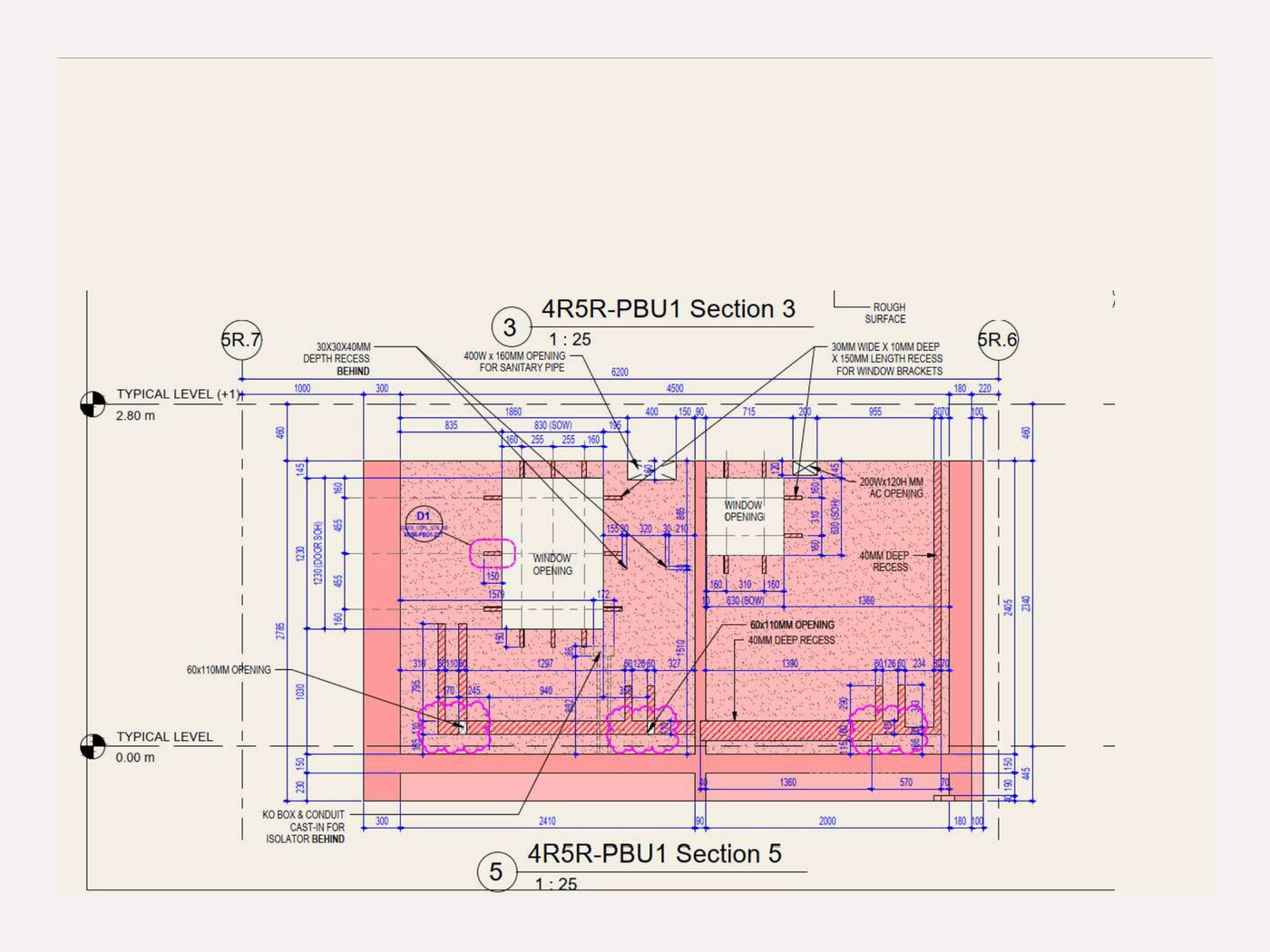 Section drawing showing cast-in recesses for sanitary pipework in a PBU panel