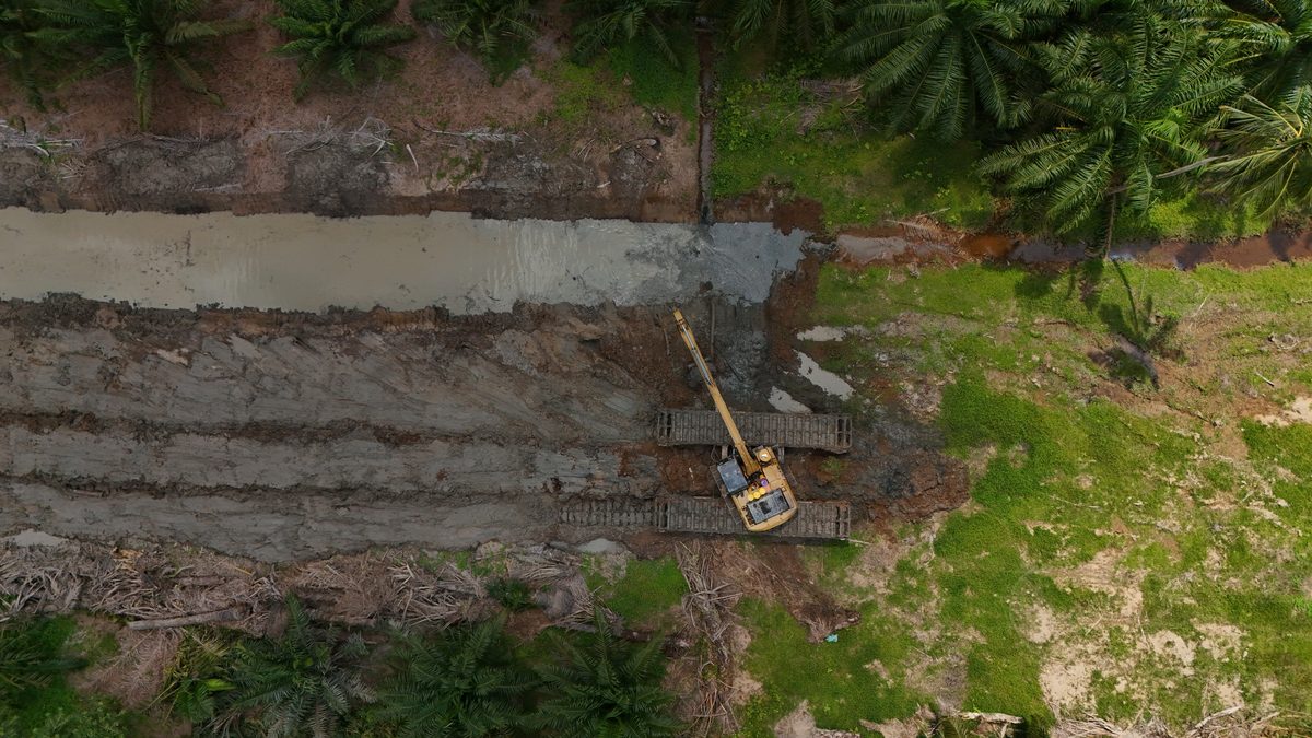 Aerial view straight down on channel works with an excavator at the water